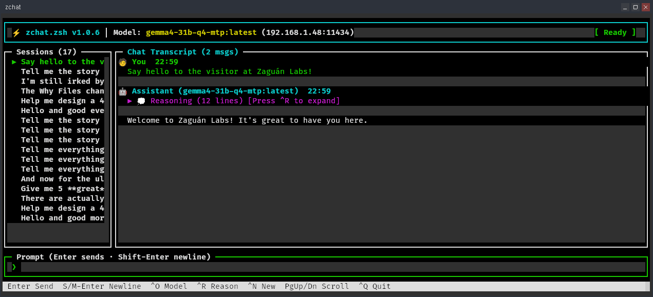 zchat.zsh terminal interface showing saved sessions, a streamed conversation, collapsed model reasoning, and the prompt editor