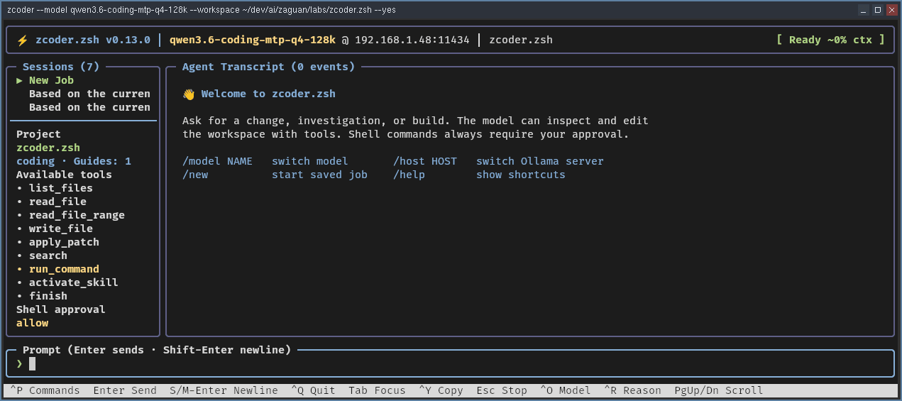 zcoder.zsh terminal interface showing project sessions, the coding profile, available agent tools, shell approval policy, and an agent conversation