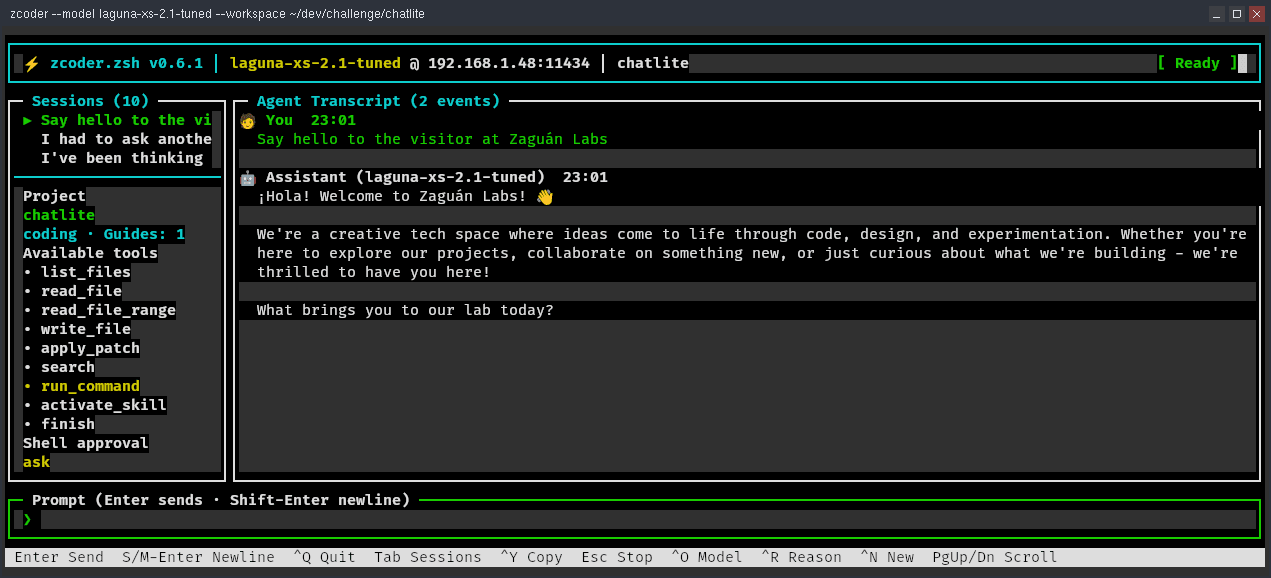 zcoder.zsh terminal interface showing project sessions, the coding profile, available agent tools, shell approval policy, and an agent conversation